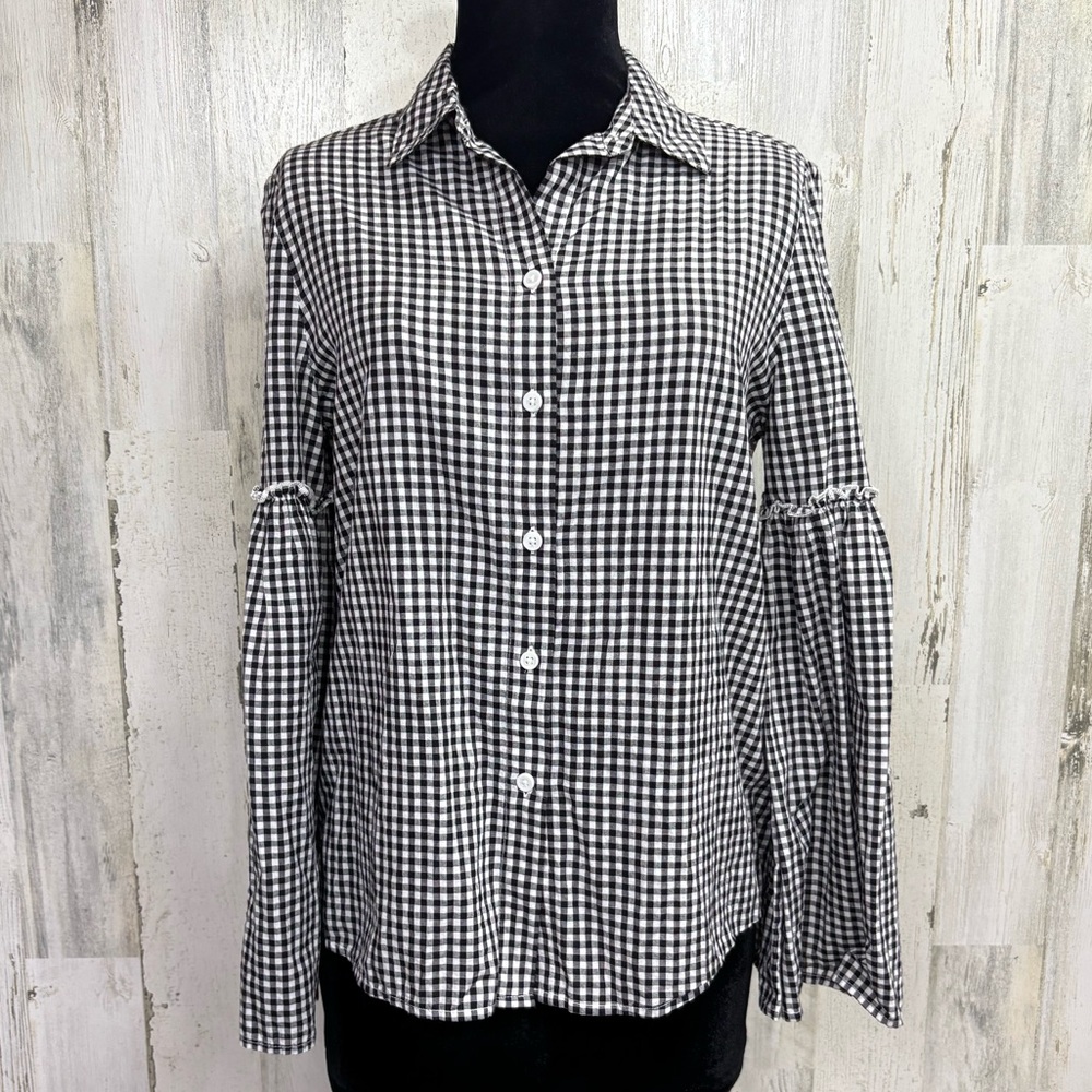 BeachLunchLounge Exaggerated‎ Bell Sleeve Black and White Gingham Top